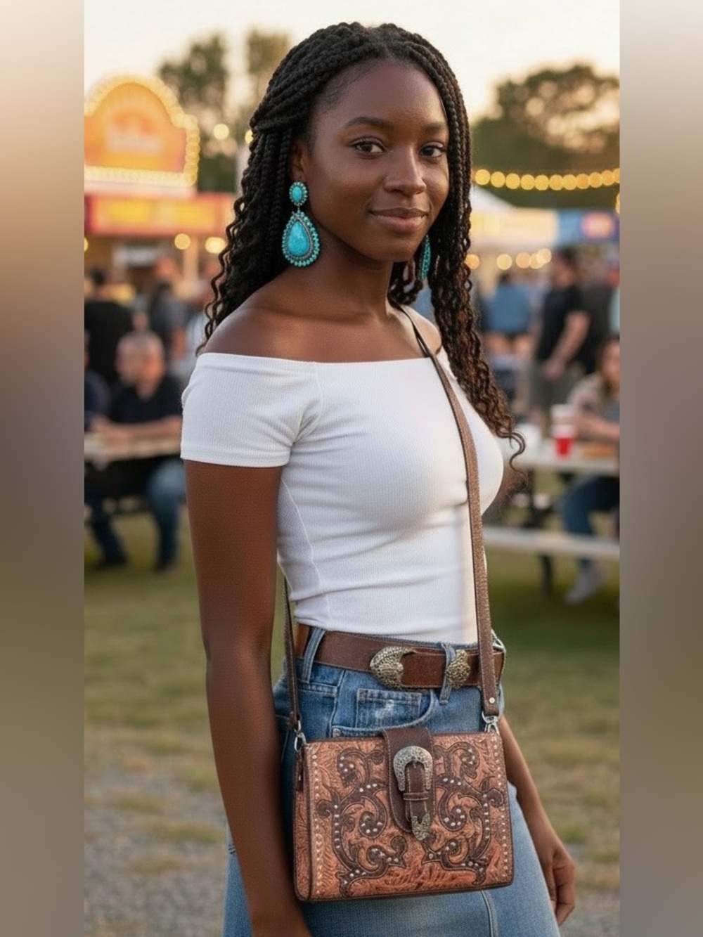 New Bandana by American West Tooled Leather Western Buckle Crossbody Purse